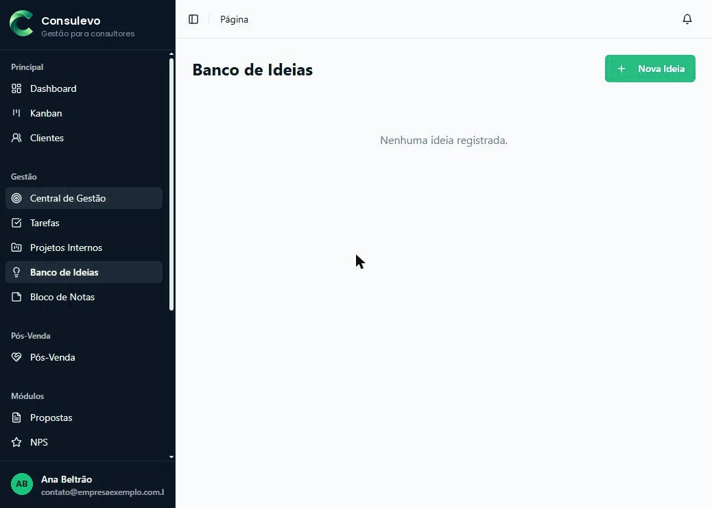 Banco de ideias com cartões categorizados.