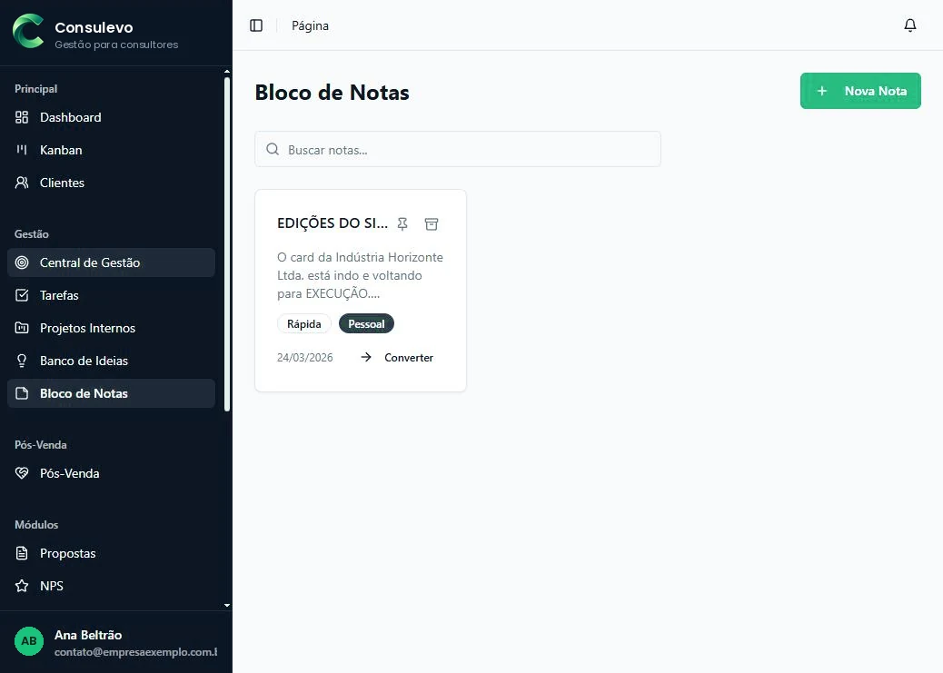 Tela do bloco de notas do Consulevo com anotações organizadas.