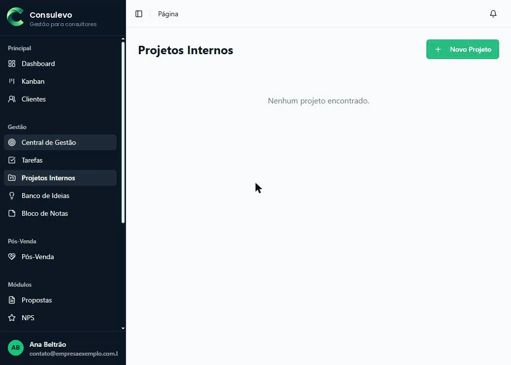 Lista de projetos internos da consultoria.